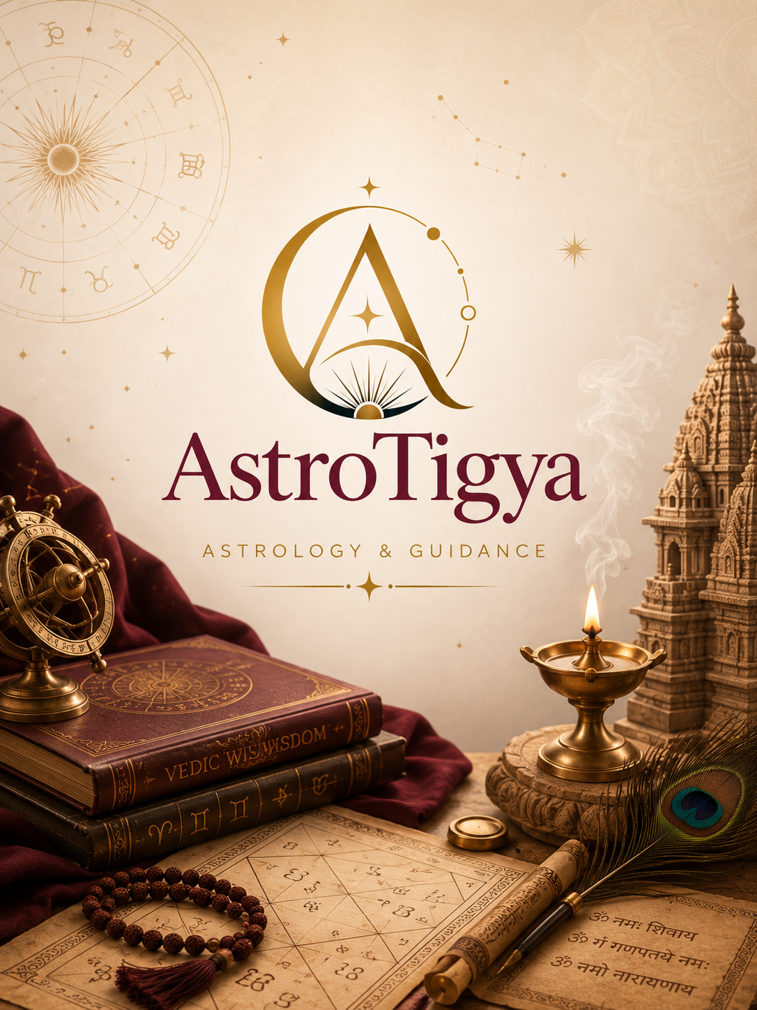 AstroTigya brand banner with zodiac wheel, Vedic wisdom books, Kundli chart and brass diya lamp