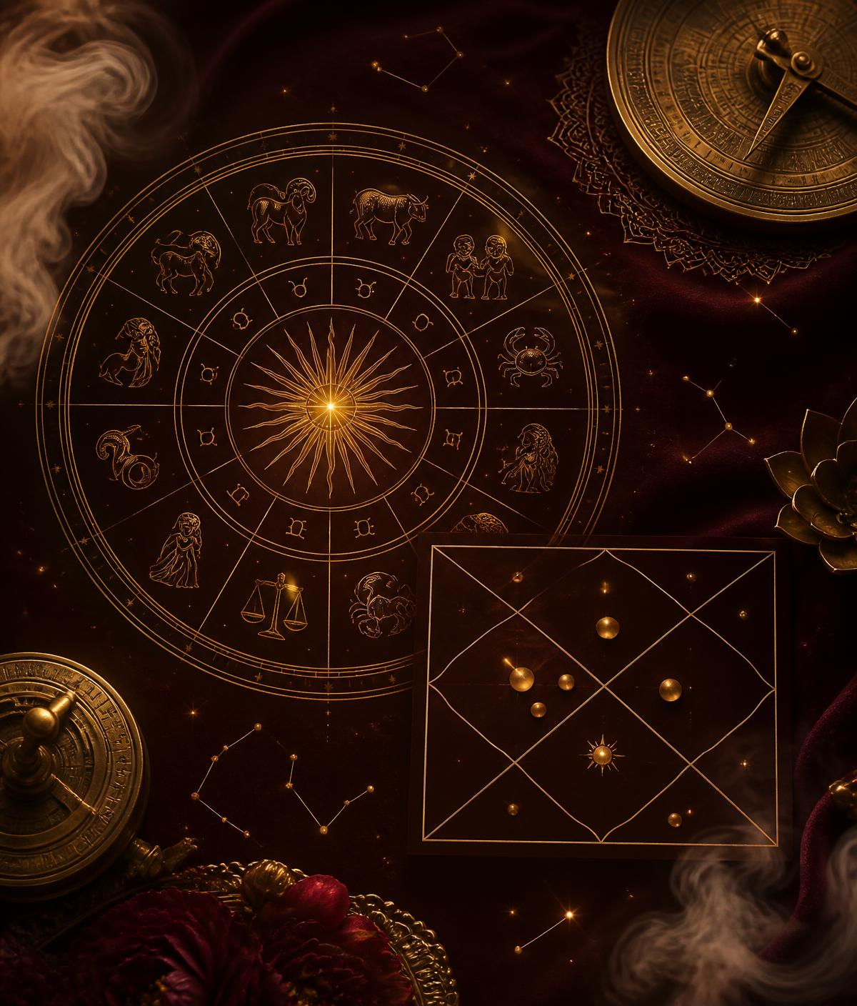 Zodiac wheel artwork in gold on burgundy